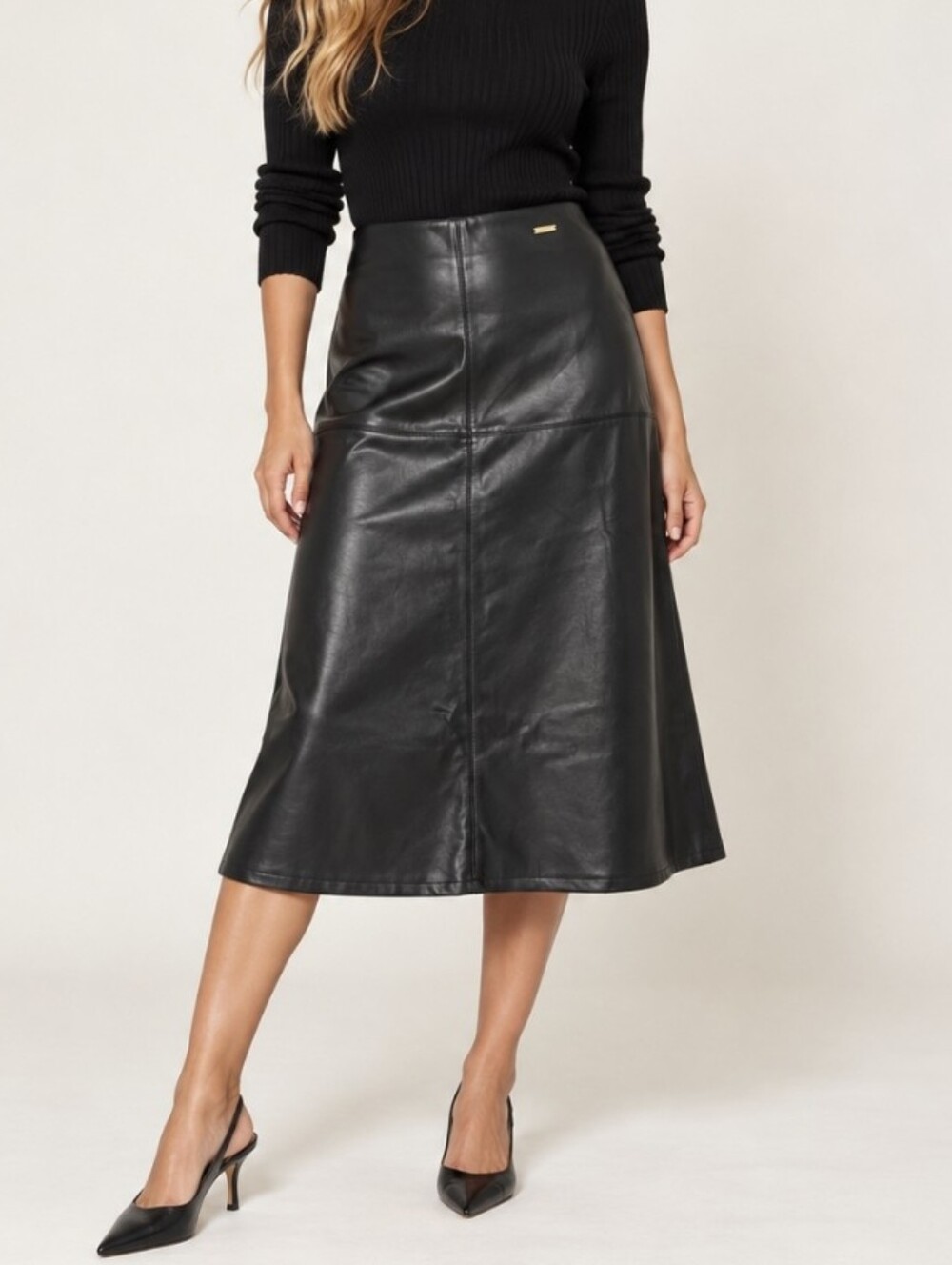 Andrew Marc New York Black Faux Leather Midi Skirt Stretch Pull-On Size XL